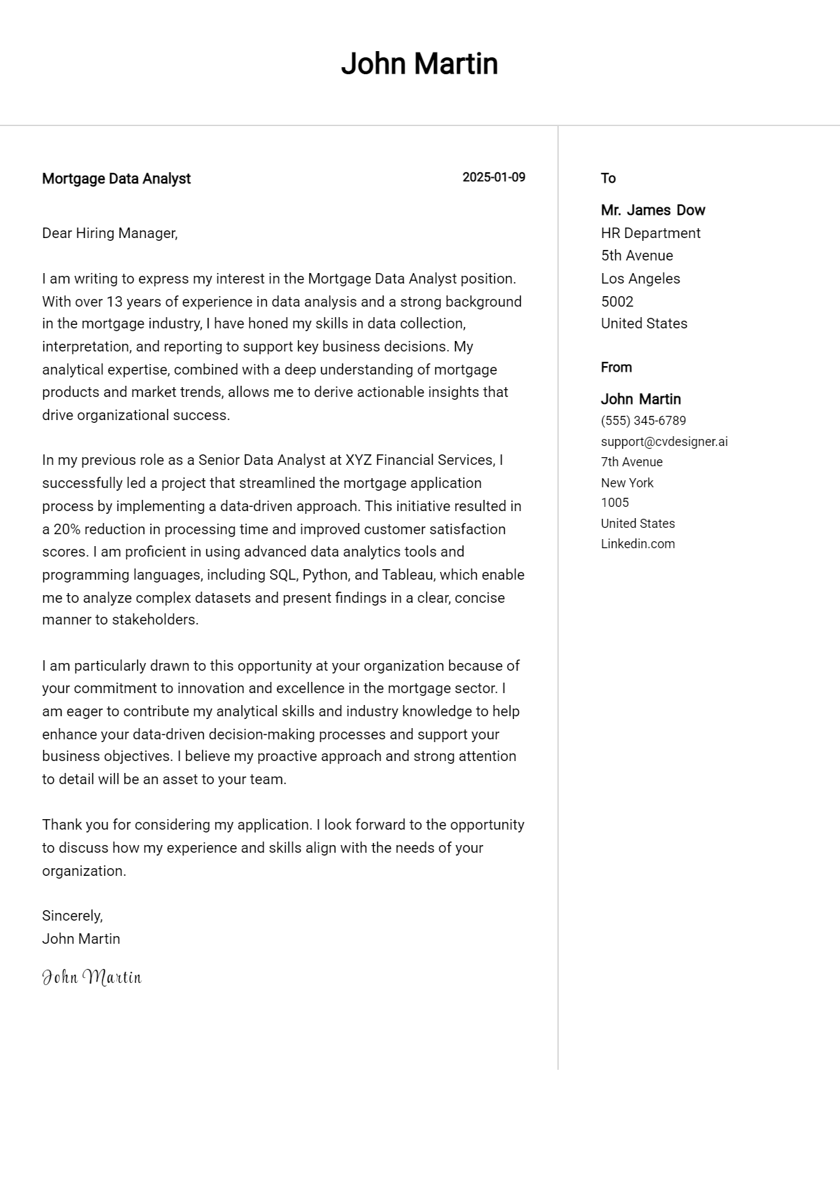 mortgage data analyst cover letter example