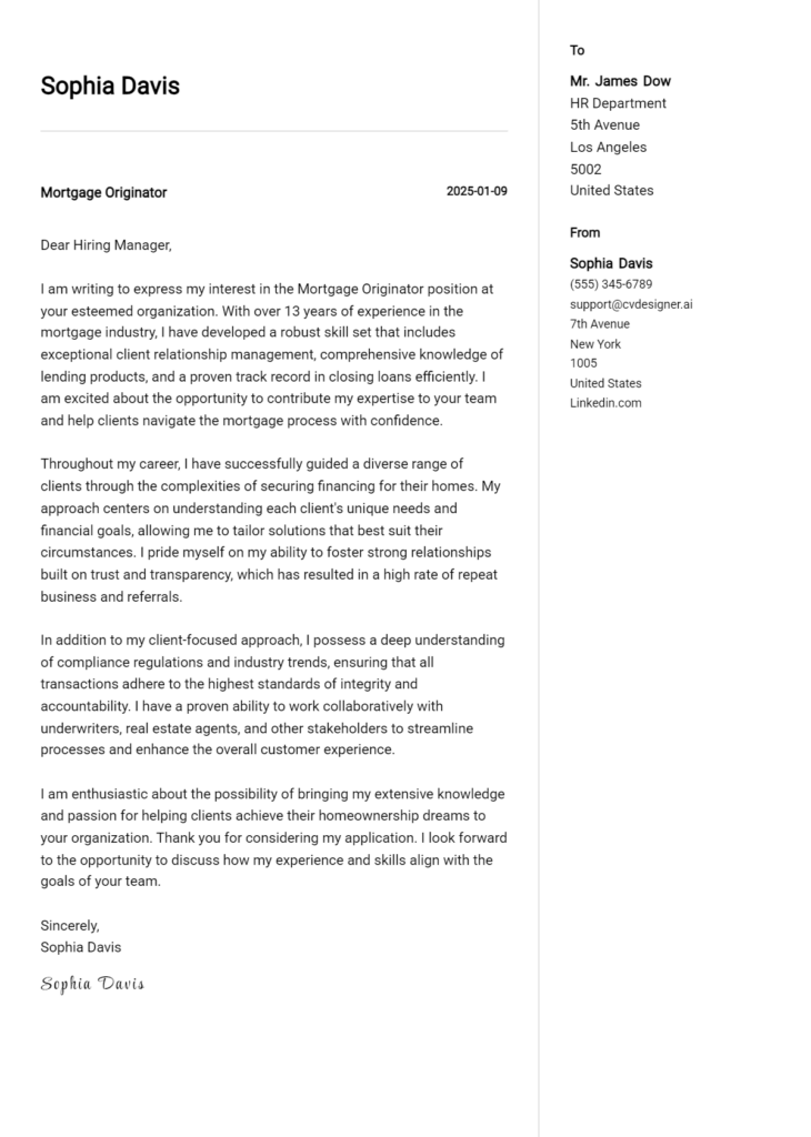 mortgage originator cover letter example