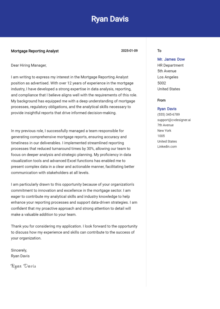 mortgage reporting analyst cover letter example