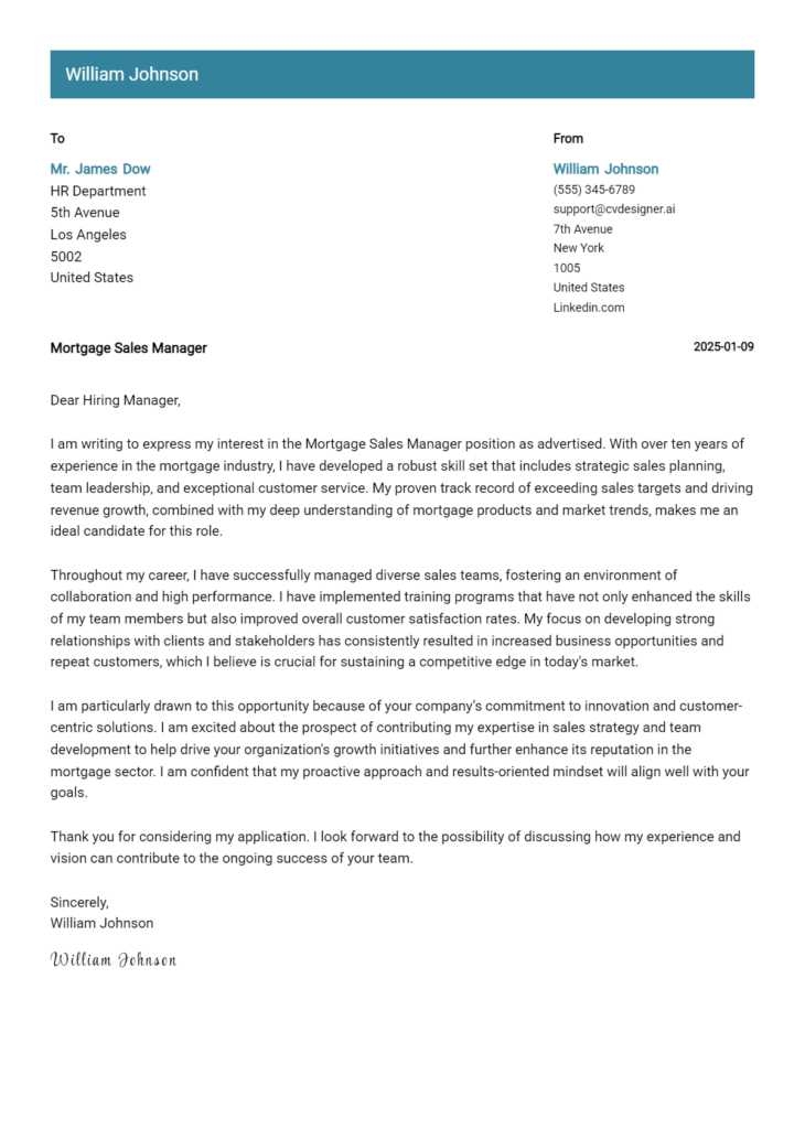 mortgage sales manager cover letter example