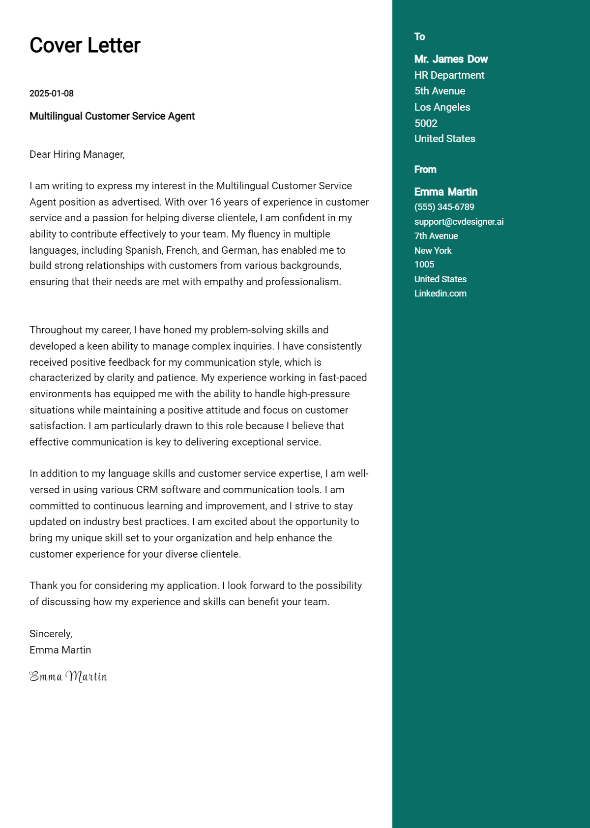 multilingual customer service agent cover letter example