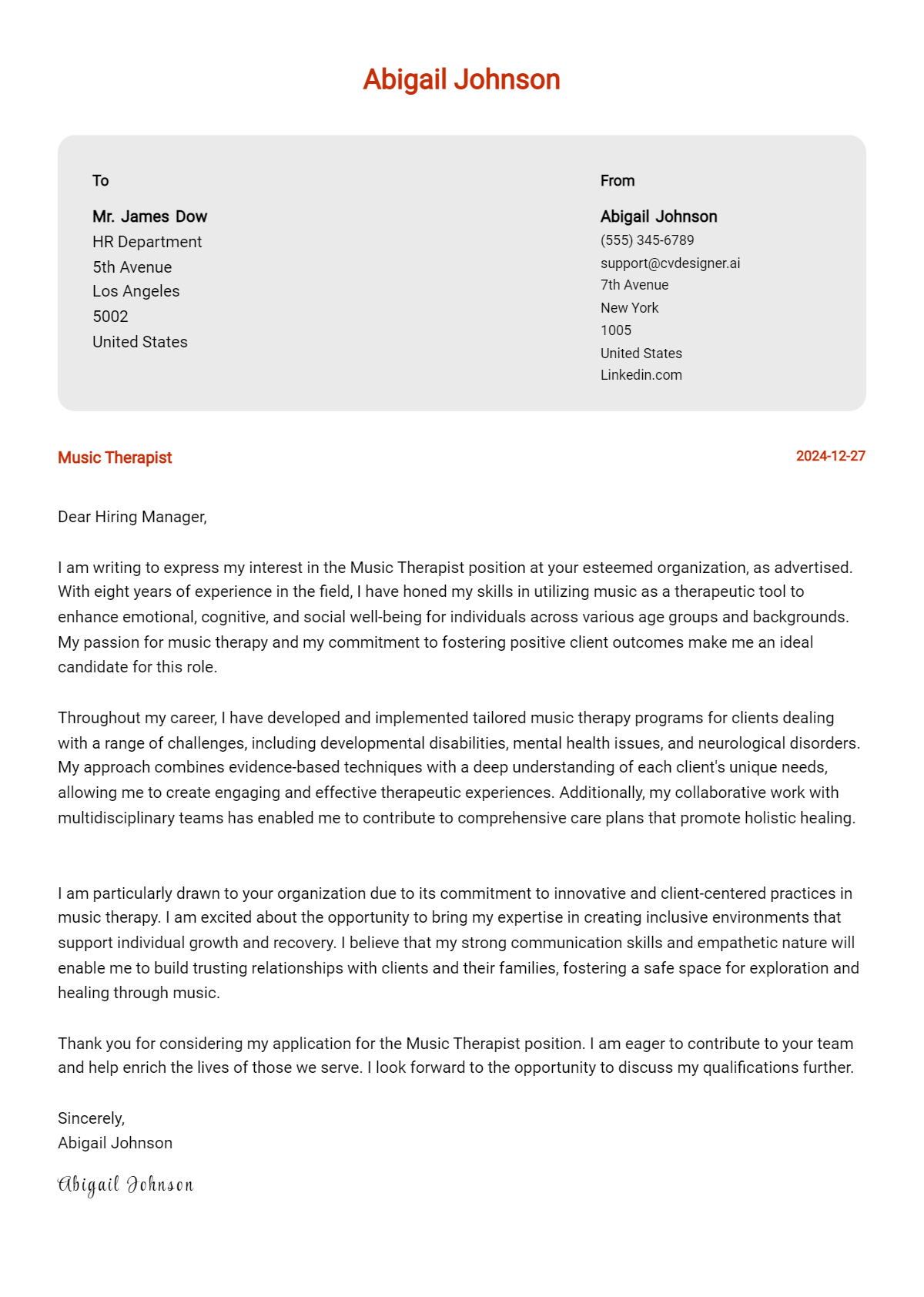 music therapist cover letter example