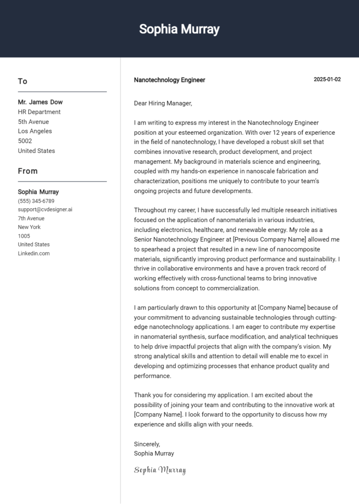 nanotechnology engineer cover letter example