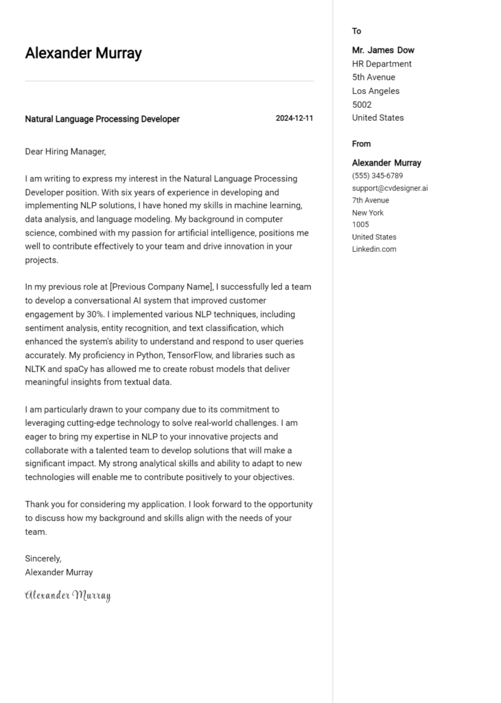 natural language processing developer cover letter example