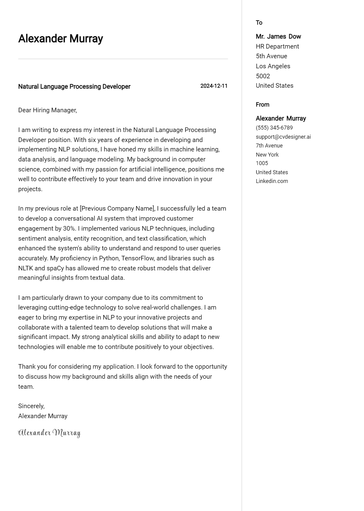 natural language processing developer cover letter example