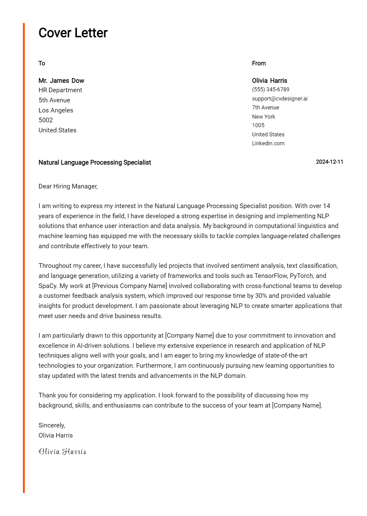 natural language processing specialist cover letter example