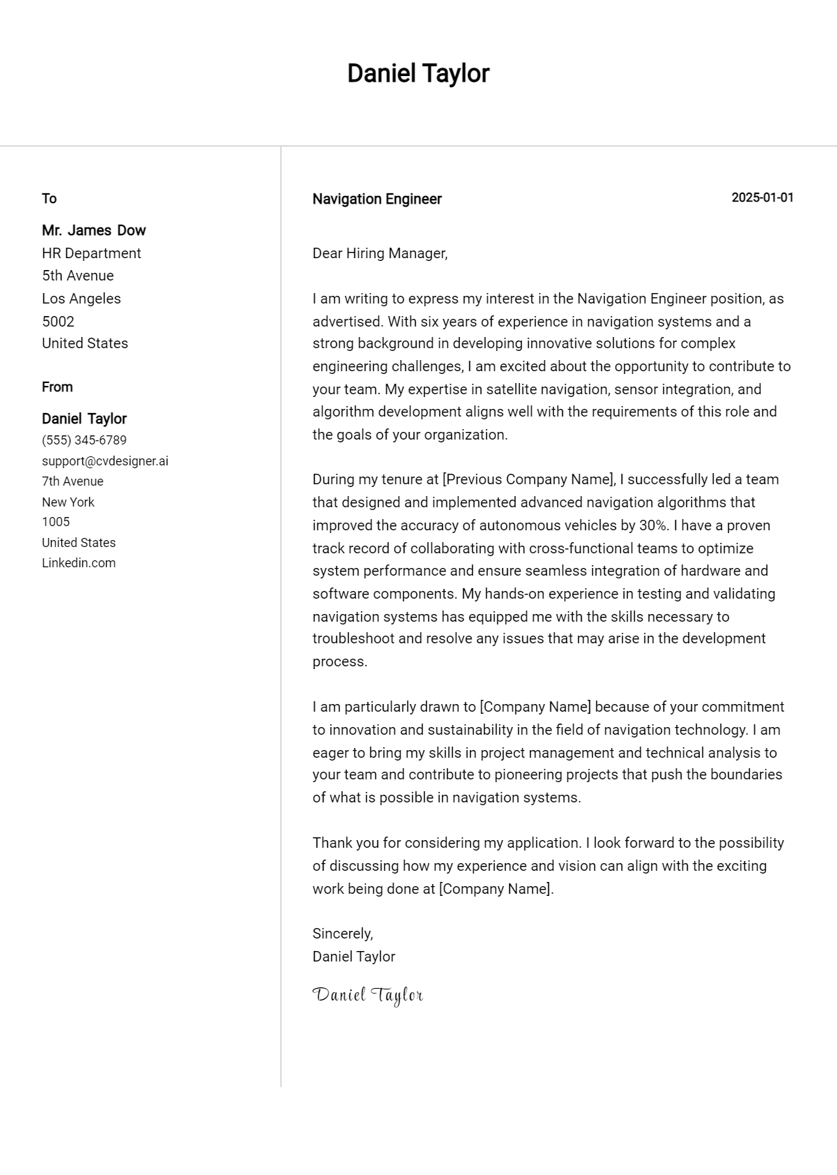 navigation engineer cover letter example