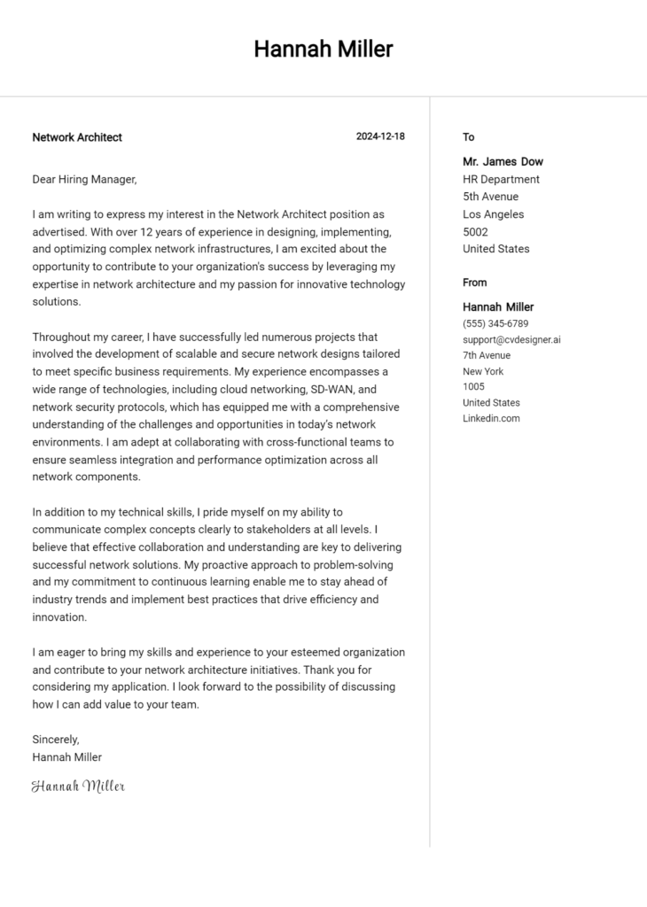 network architect cover letter example