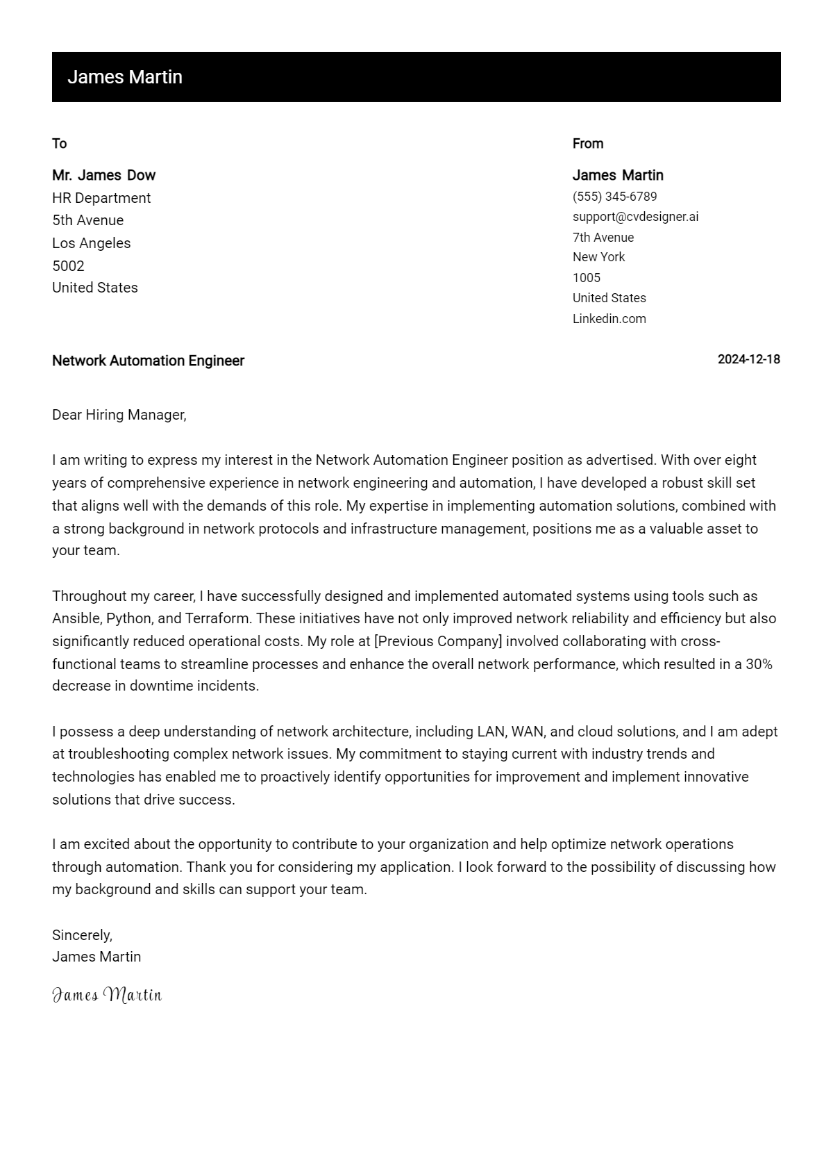 network automation engineer cover letter example