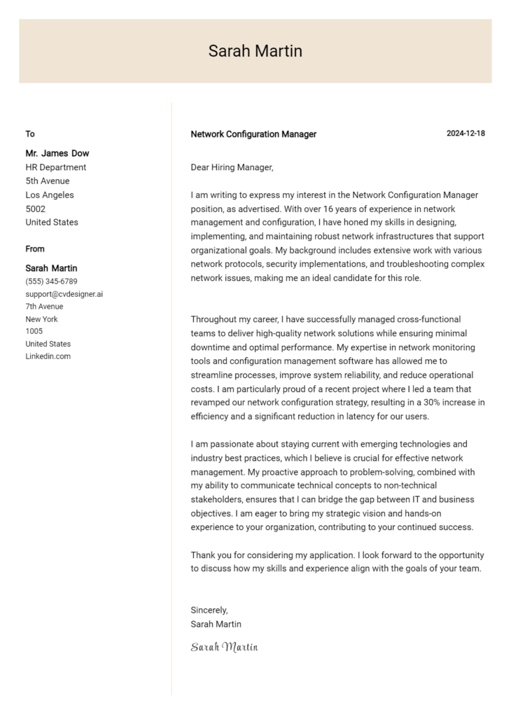 network configuration manager cover letter example