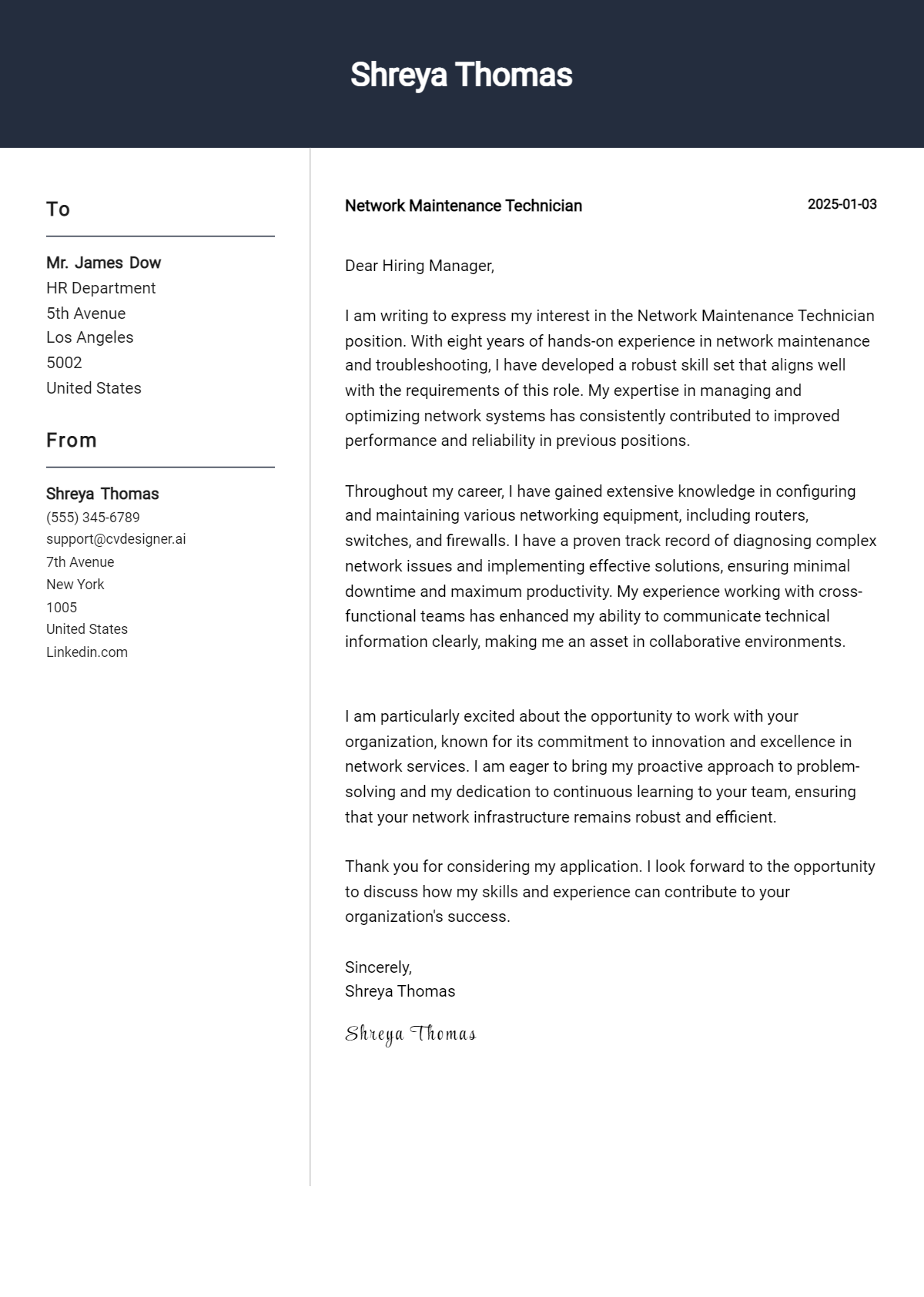 network maintenance technician cover letter example