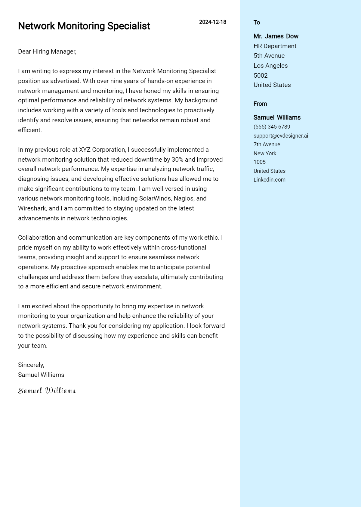 network monitoring specialist cover letter example