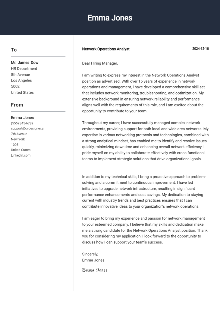 network operations analyst cover letter example