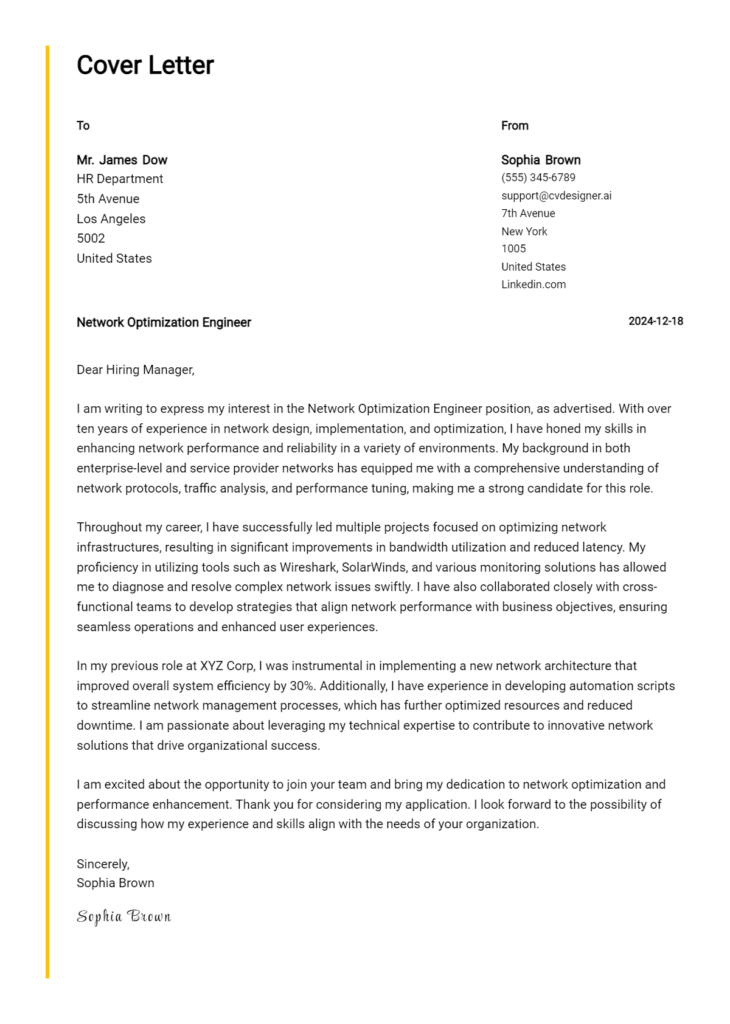 network optimization engineer cover letter example