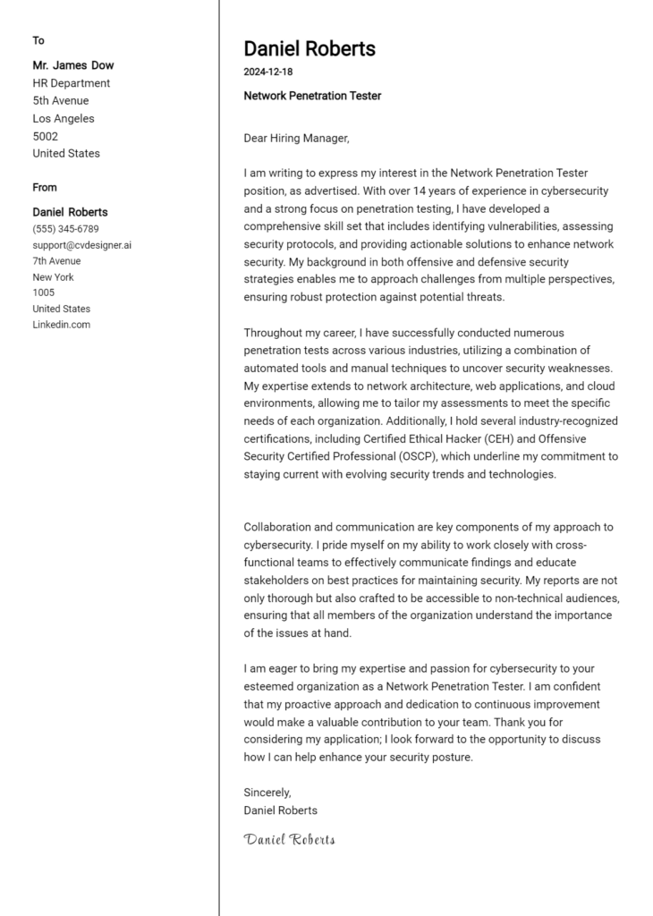 network penetration tester cover letter example