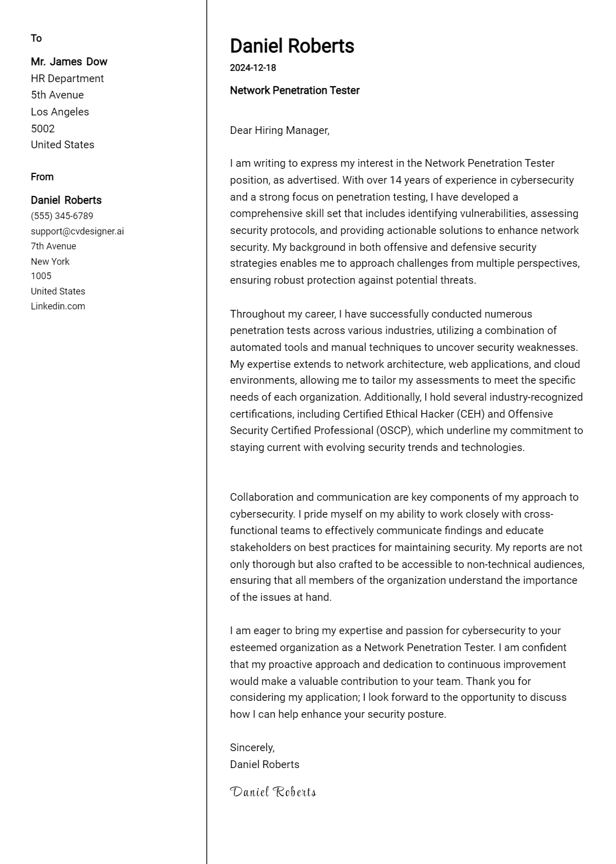 network penetration tester cover letter example