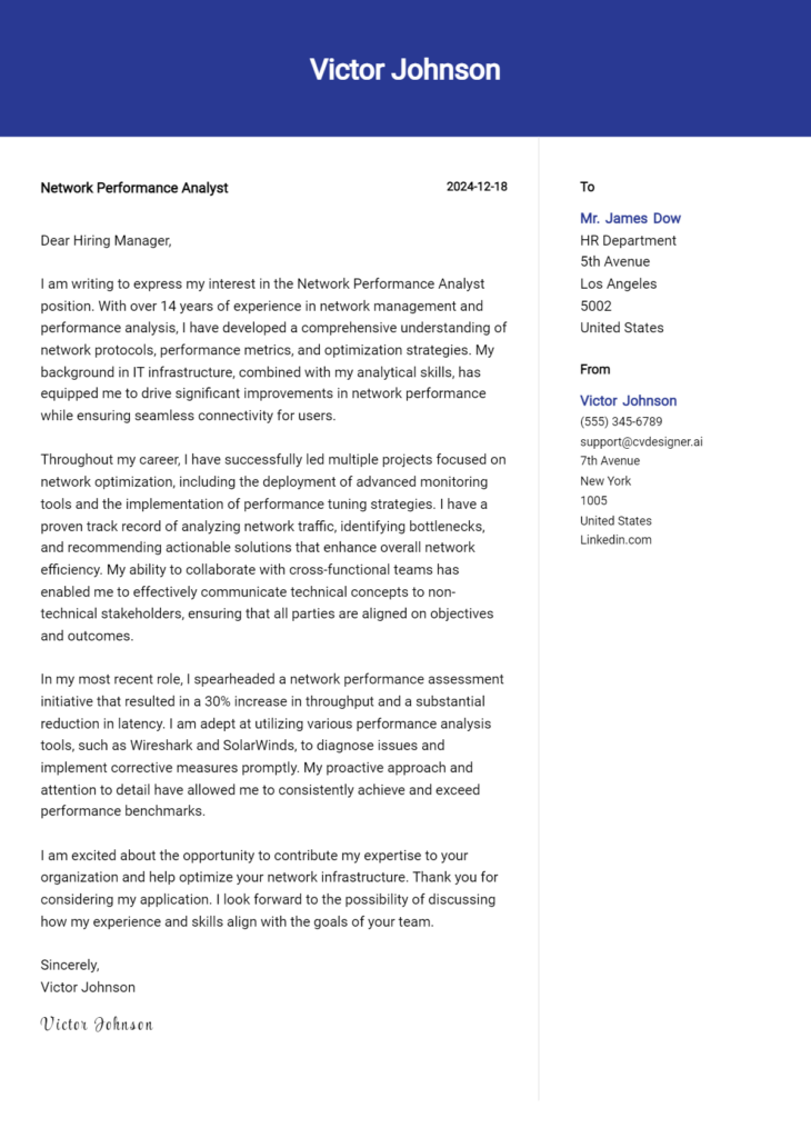 network performance analyst cover letter example