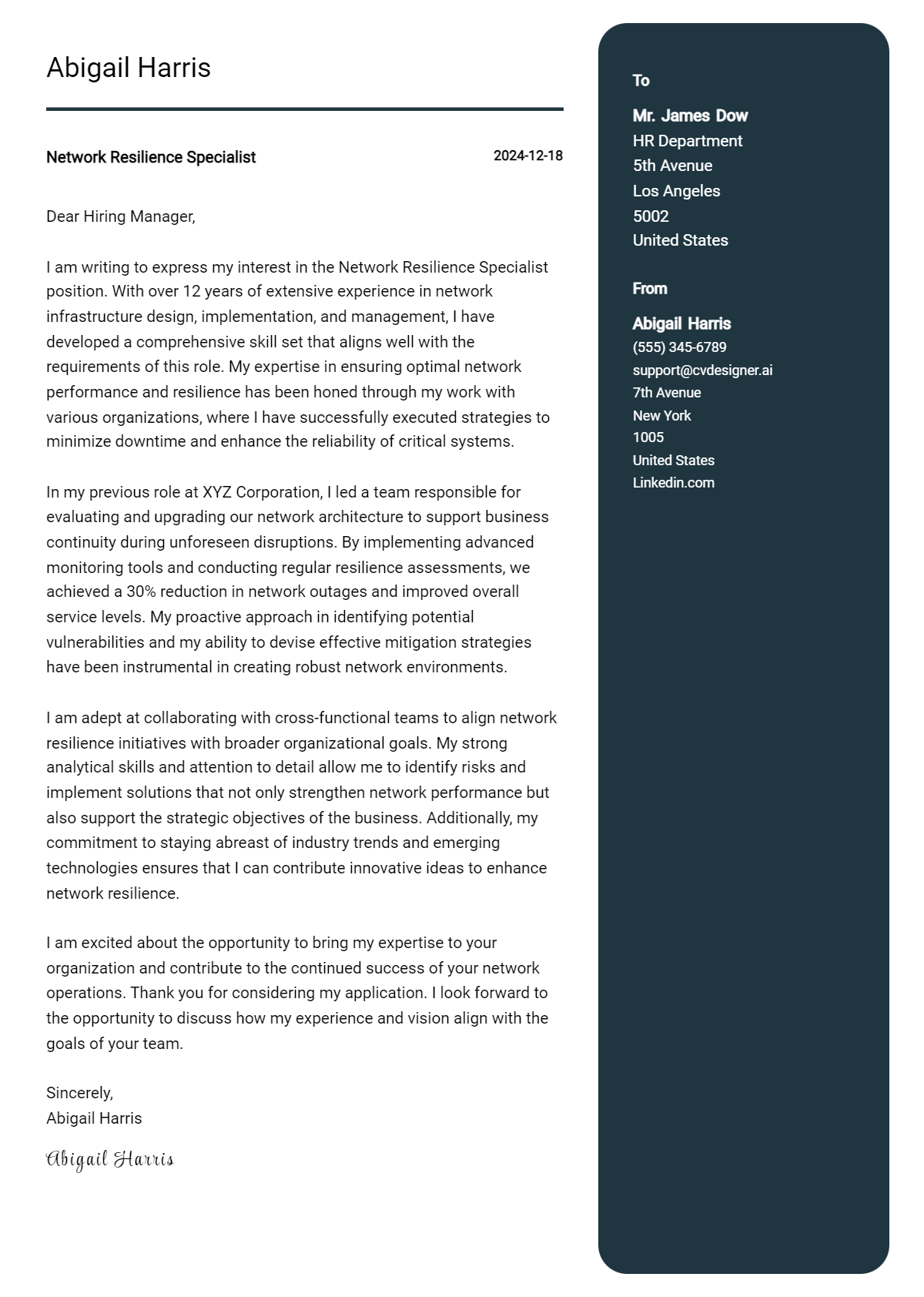 network resilience specialist cover letter example