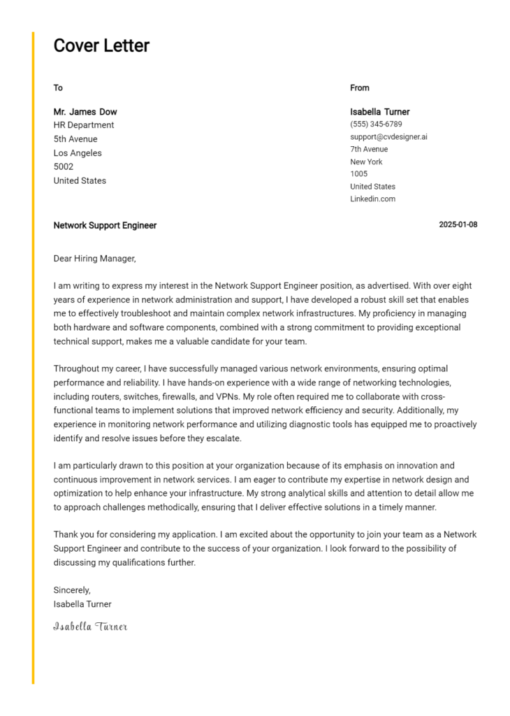 network support engineer cover letter example