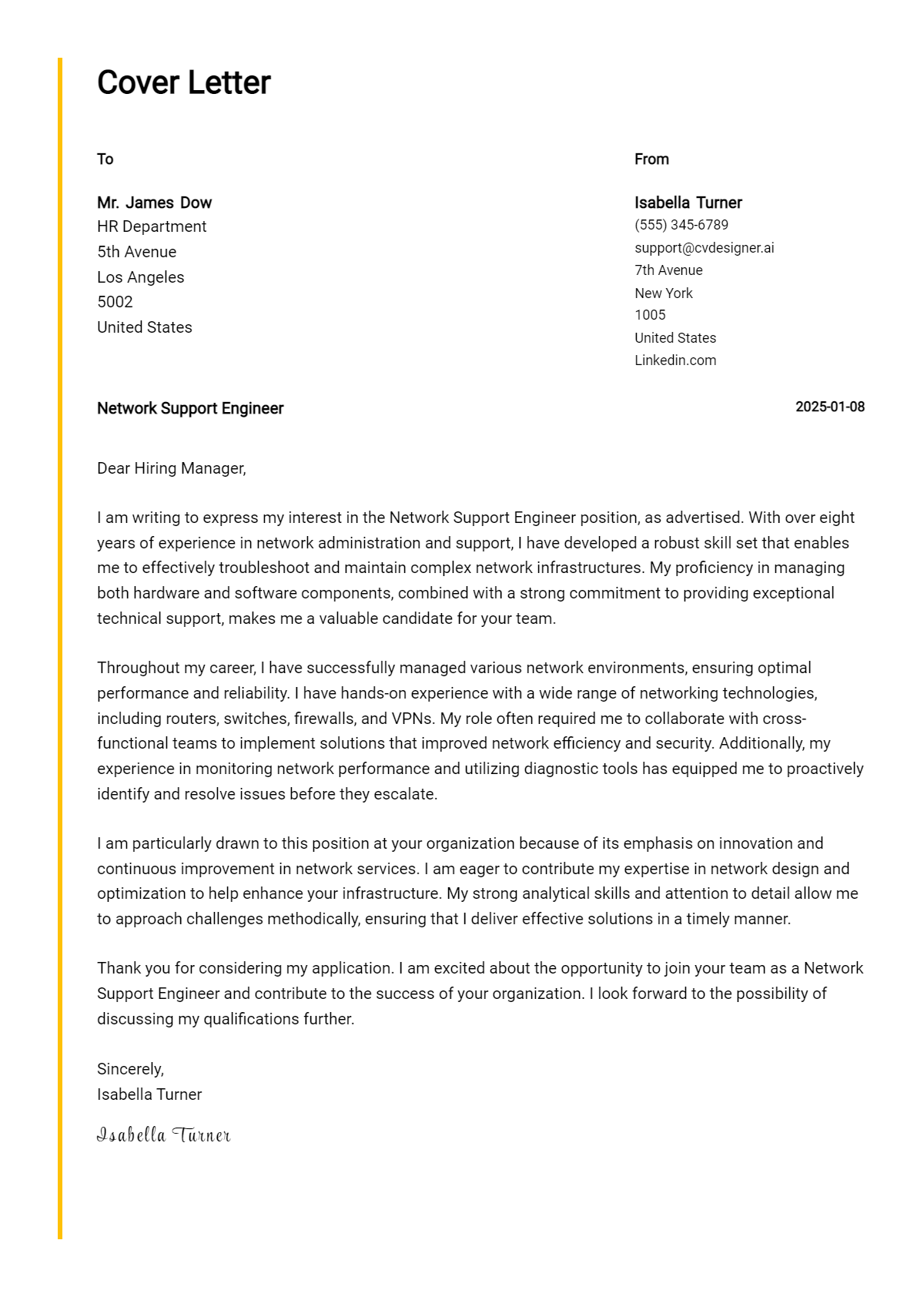 network support engineer cover letter example