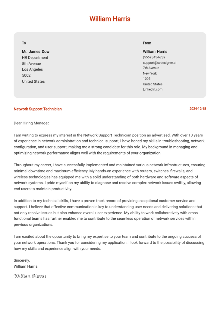 network support technician cover letter example