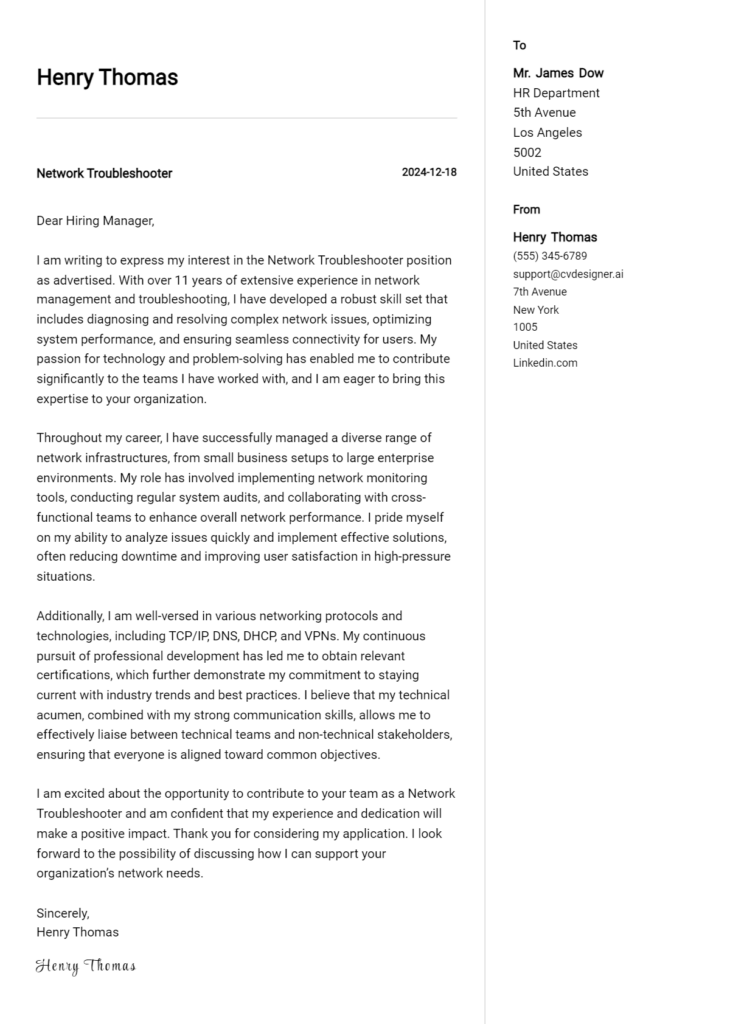 network troubleshooter cover letter example