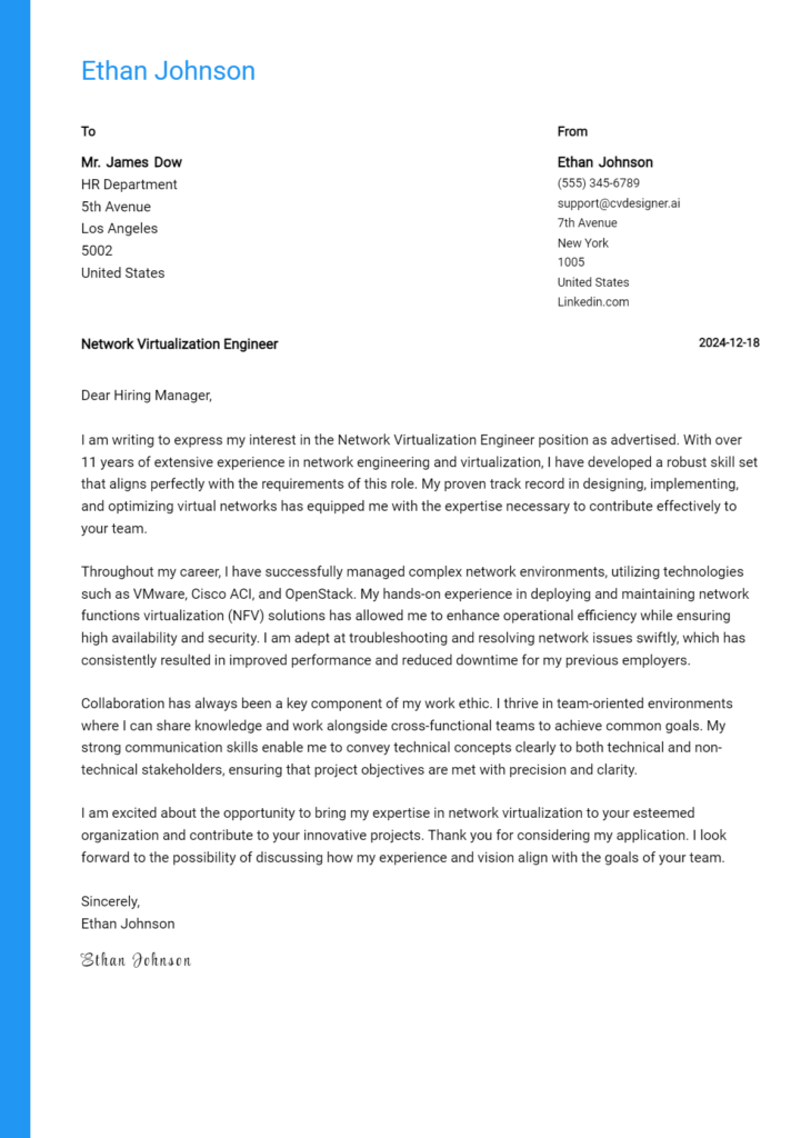 network virtualization engineer cover letter example