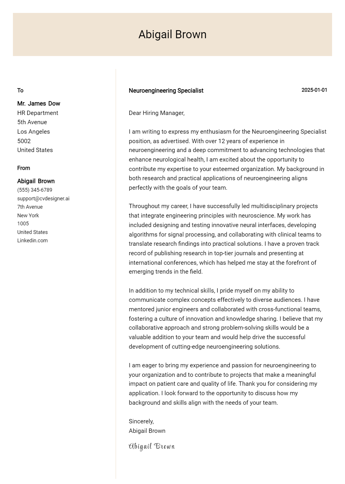 neuroengineering specialist cover letter example