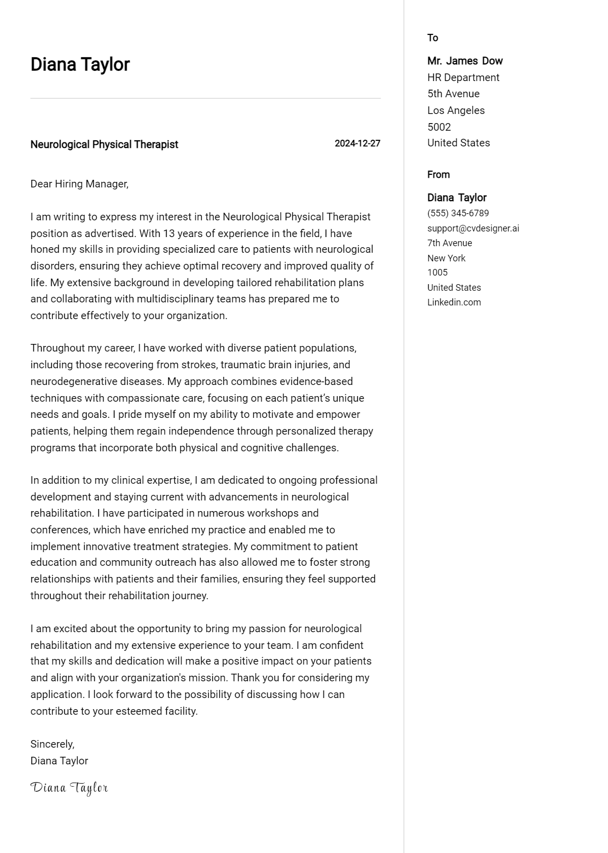 neurological physical therapist cover letter example