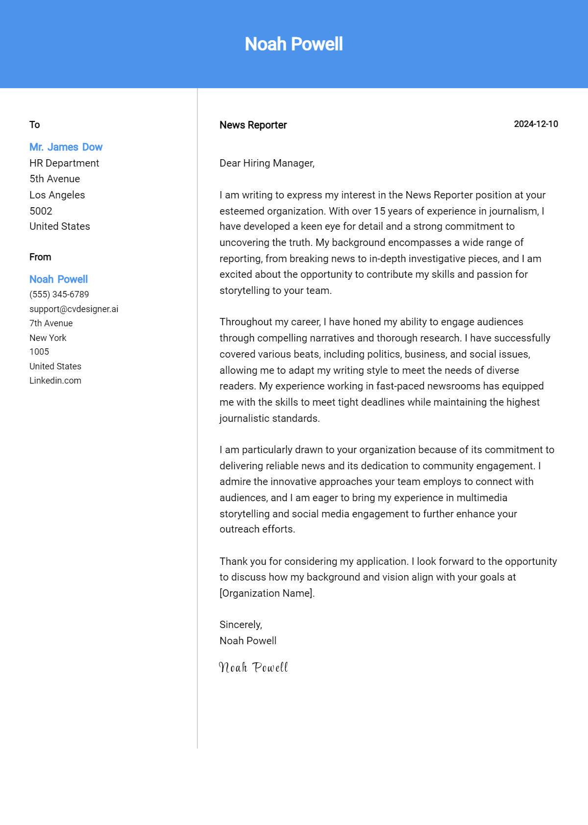 news reporter cover letter example