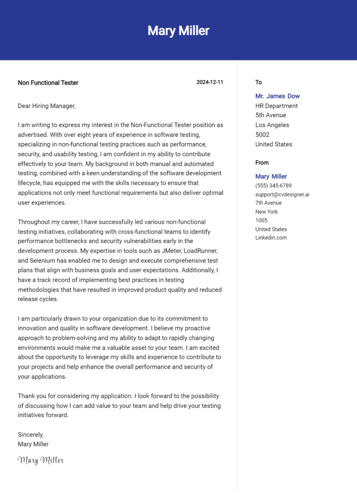 non functional tester cover letter example