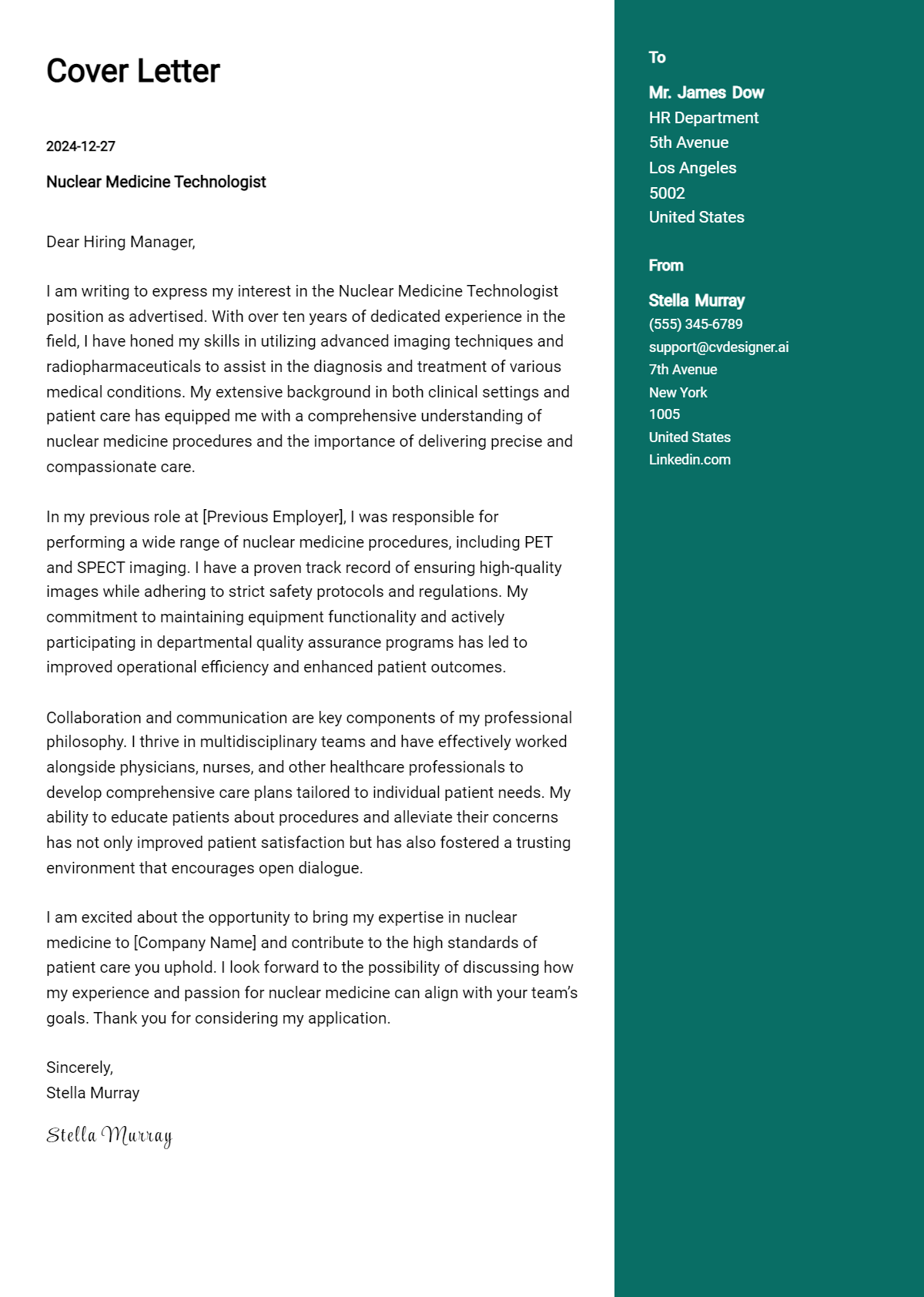 nuclear medicine technologist cover letter example