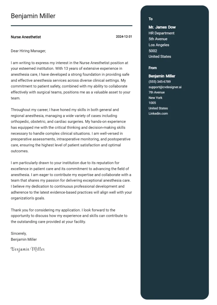 nurse anesthetist cover letter example