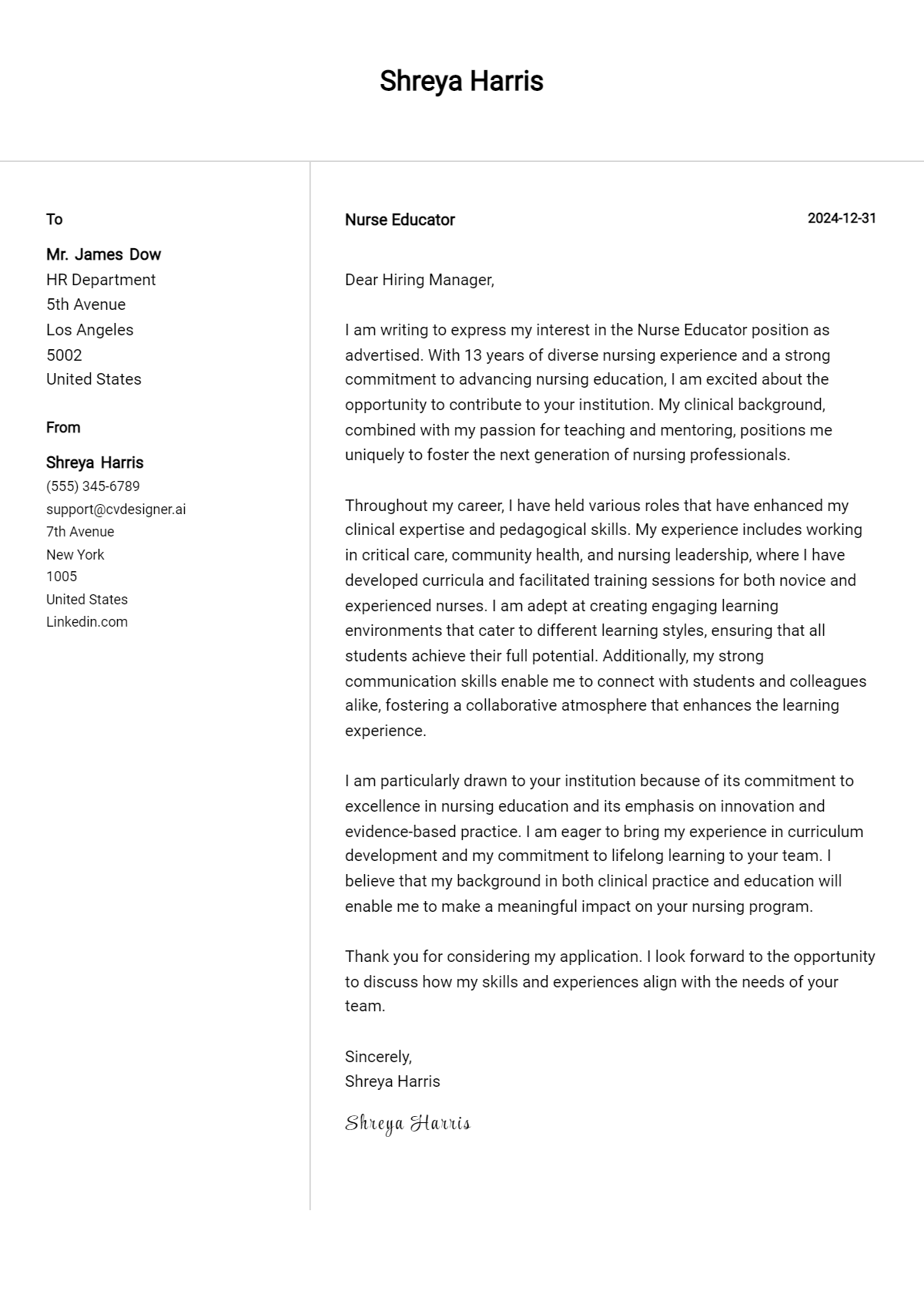 nurse educator cover letter example