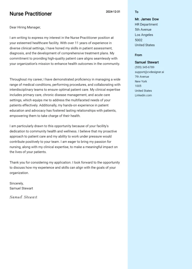 nurse practitioner cover letter example