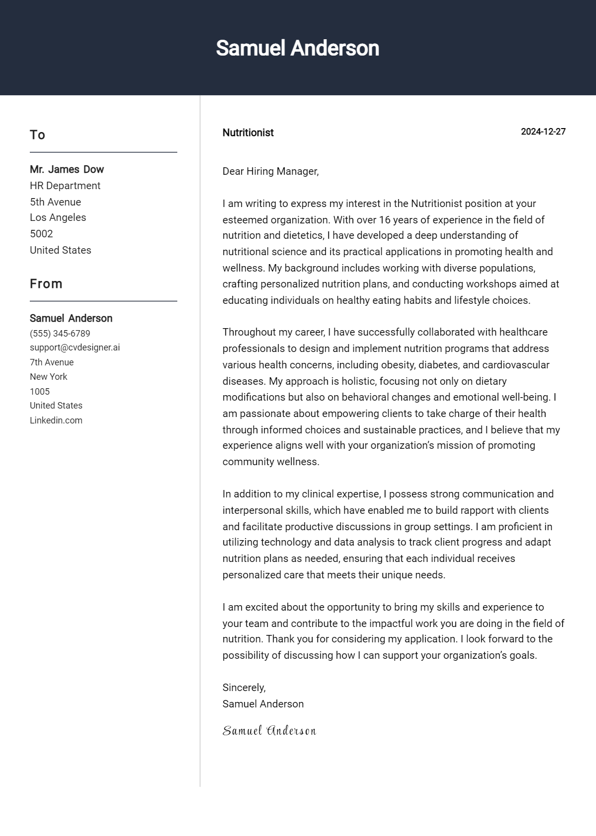 nutritionist cover letter example