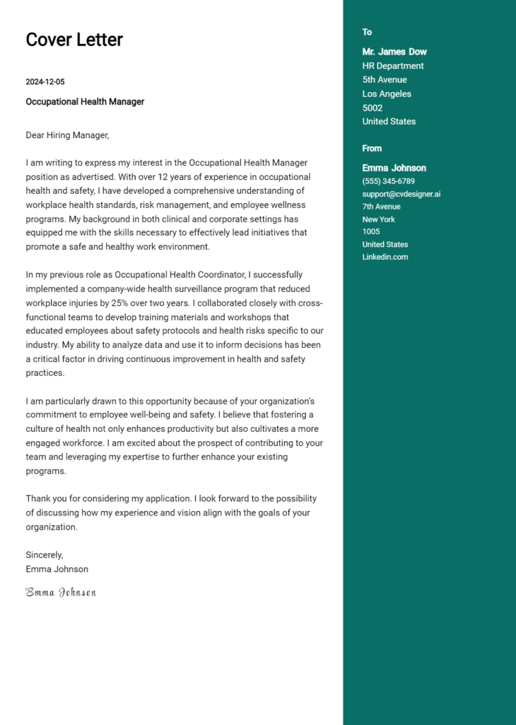 occupational health manager cover letter example