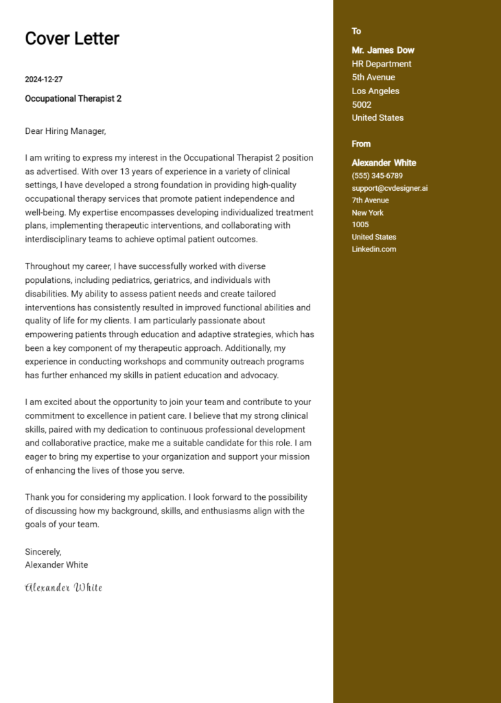 occupational therapist 2 cover letter example