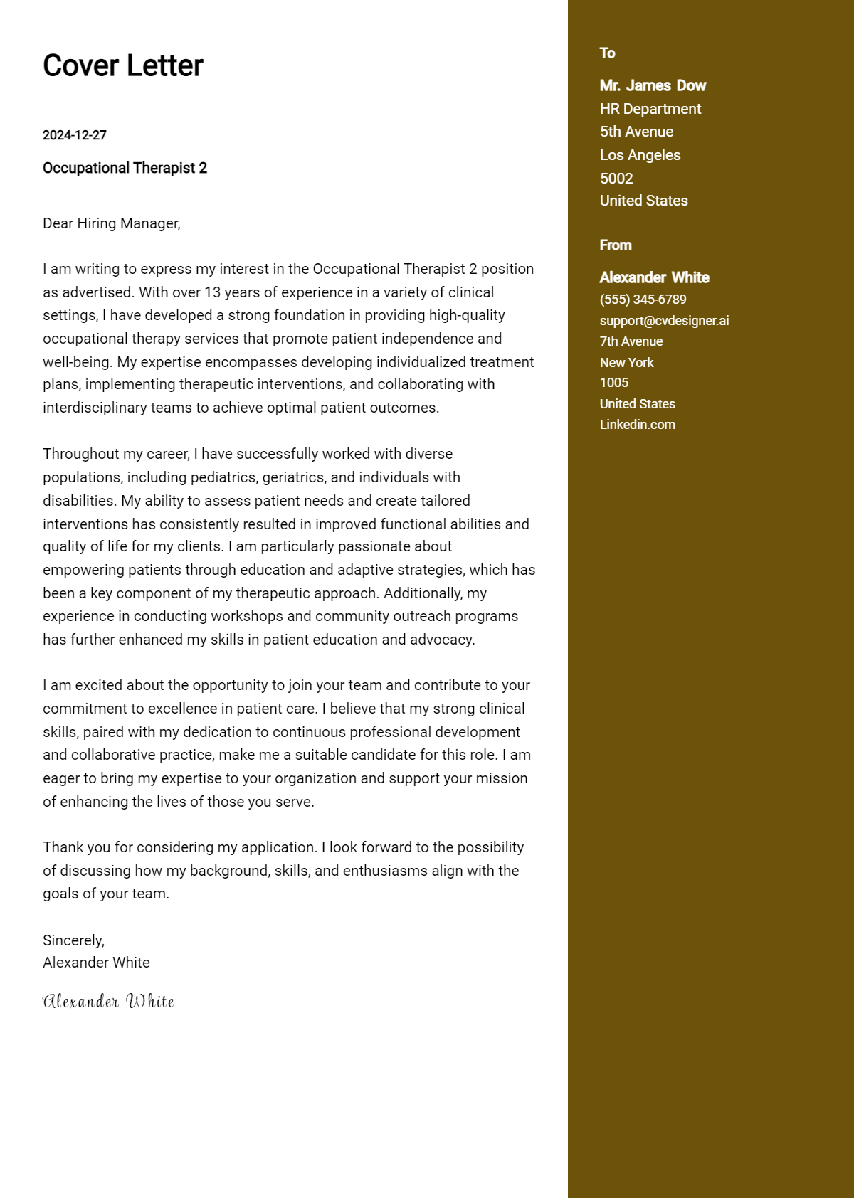 occupational therapist 2 cover letter example