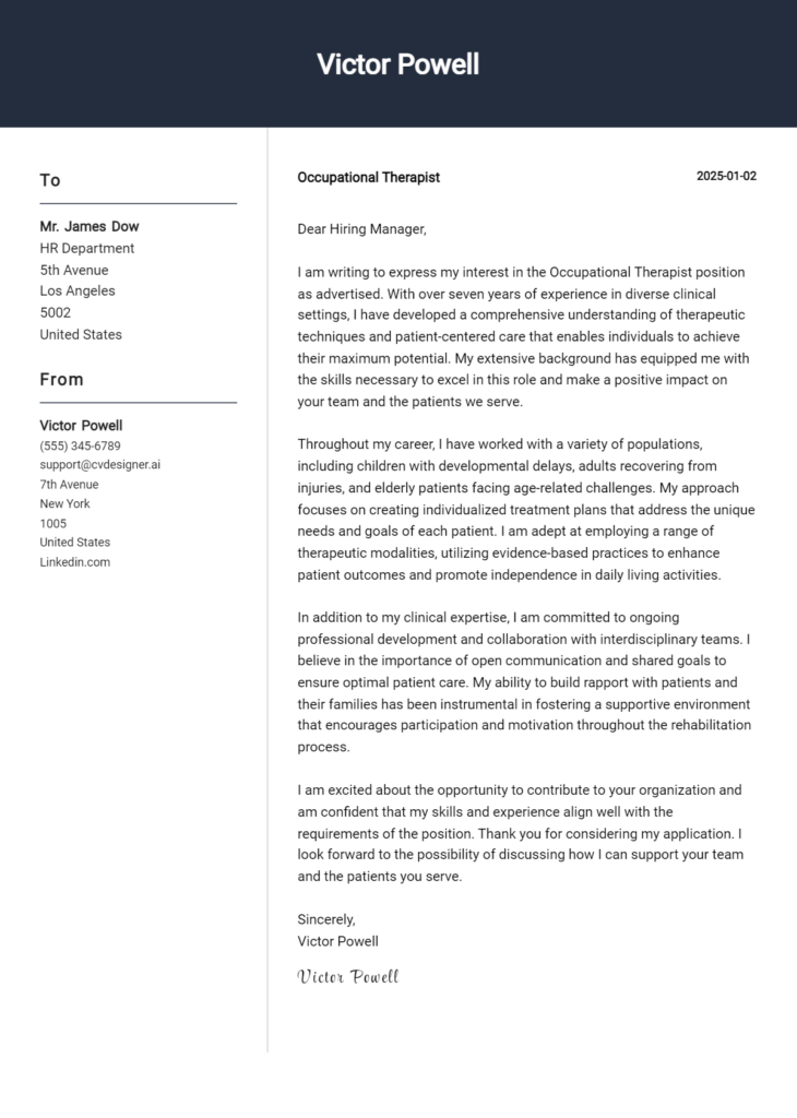 occupational therapist cover letter example