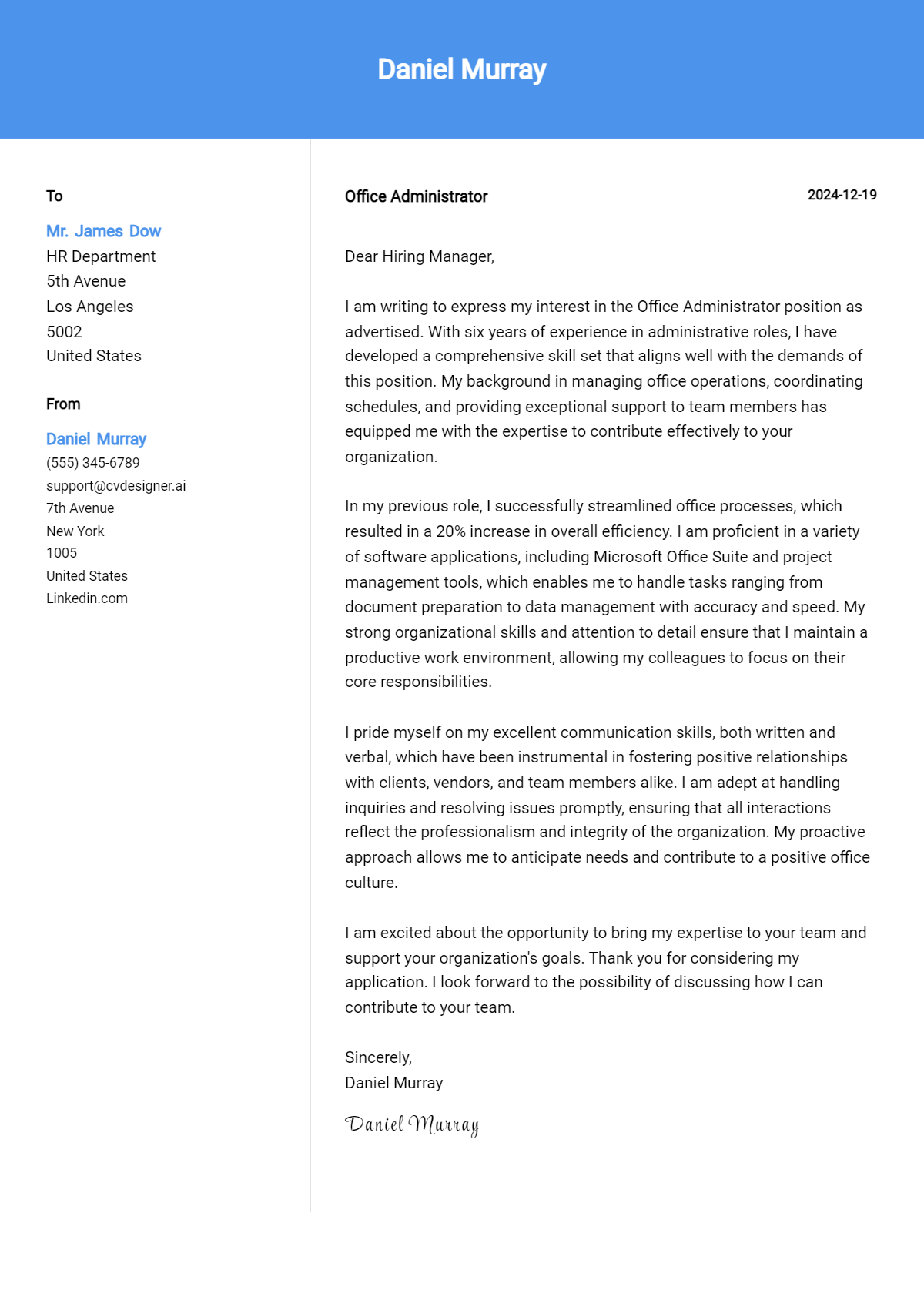 office administrator cover letter example