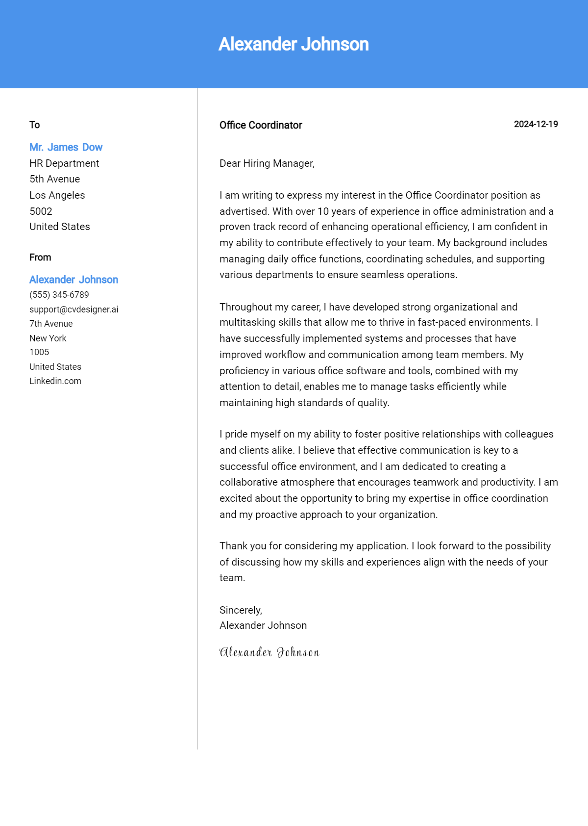 office coordinator cover letter example