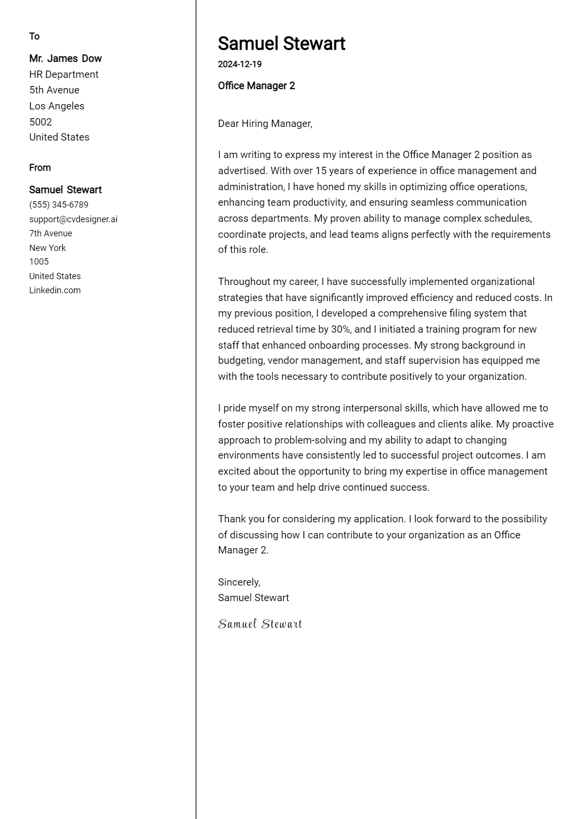 office manager 2 cover letter example