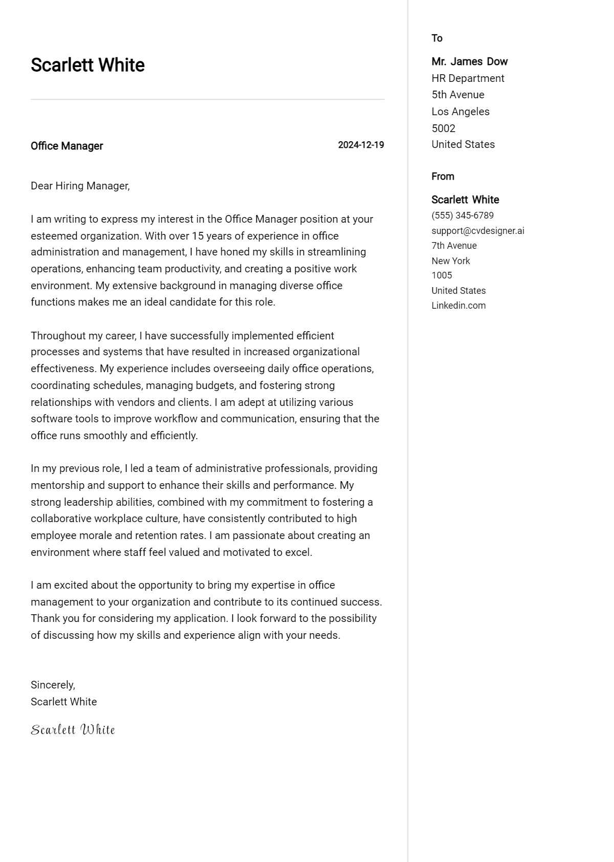 office manager cover letter example