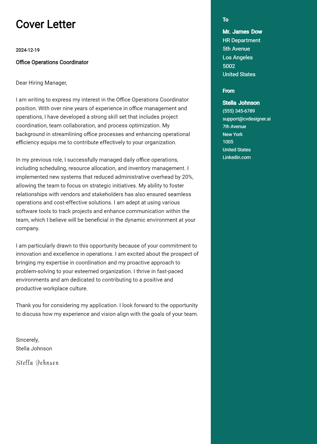 office operations coordinator cover letter example