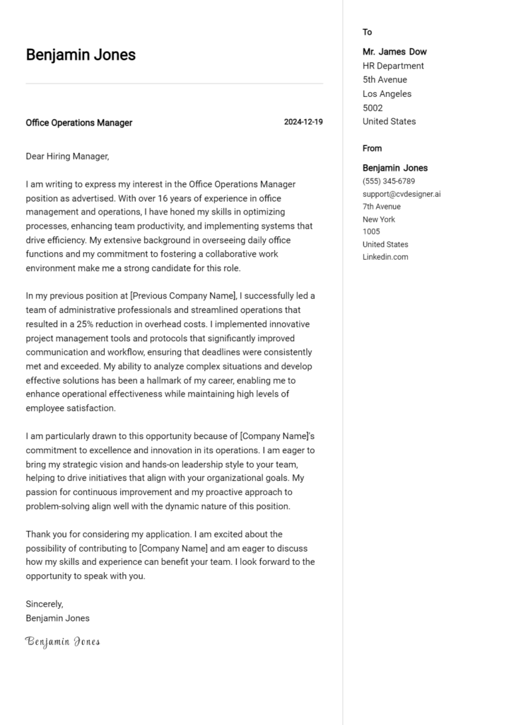 office operations manager cover letter example