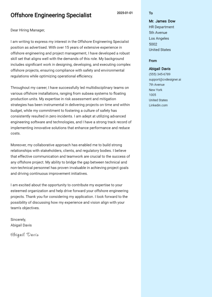 offshore engineering specialist cover letter example