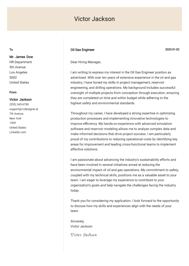 oil gas engineer cover letter example