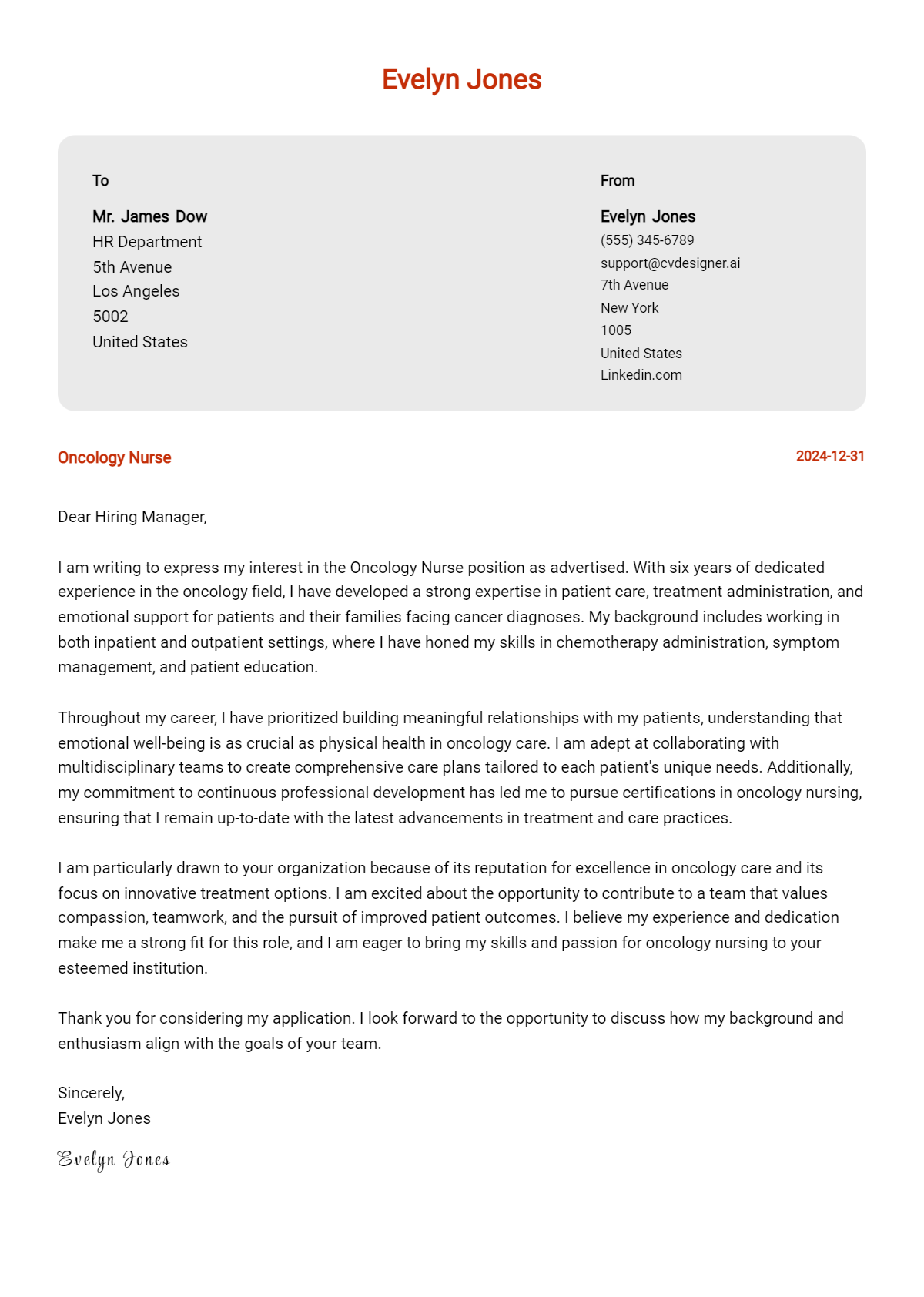 oncology nurse cover letter example