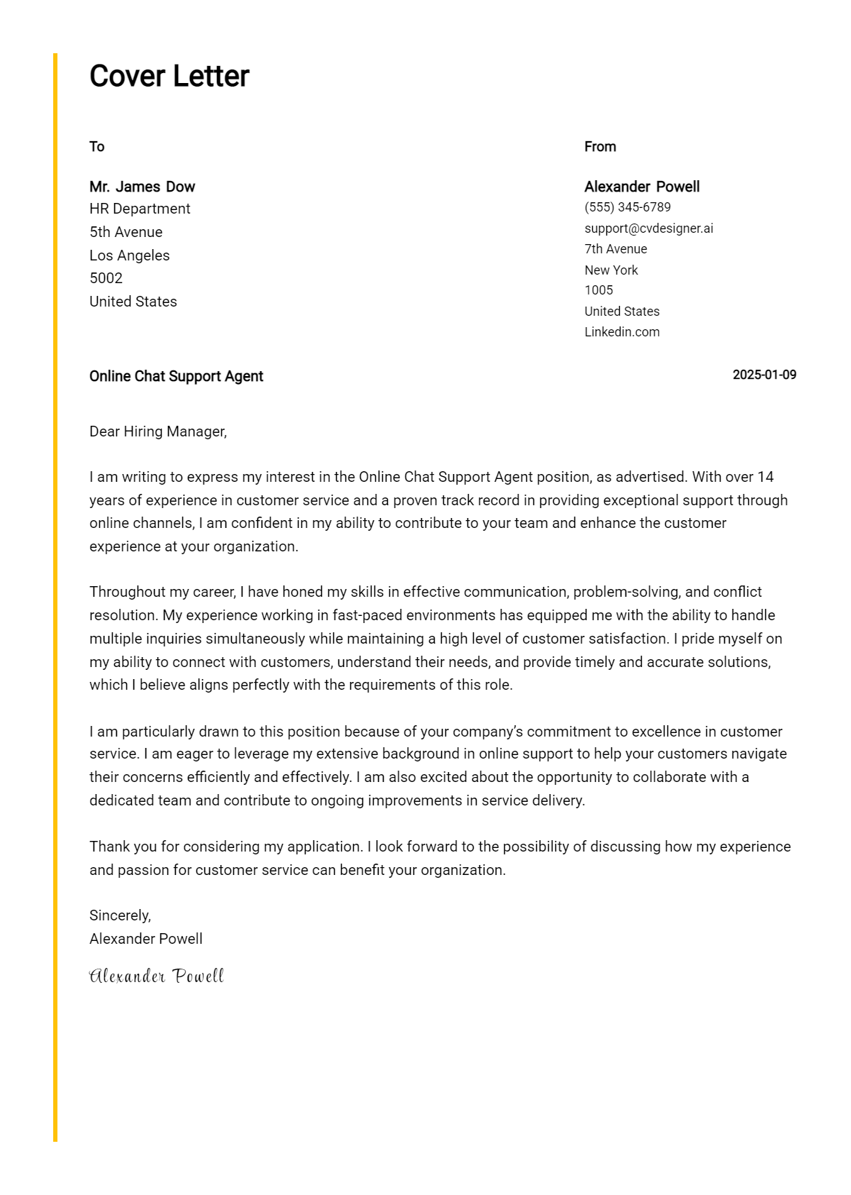 online chat support agent cover letter example